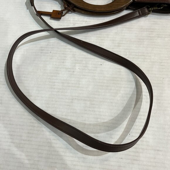 Vintage Fossil Shoulder Bag Wood Handle Rattan Brown Woven Wicker Dbl Handle - Picture 13 of 13